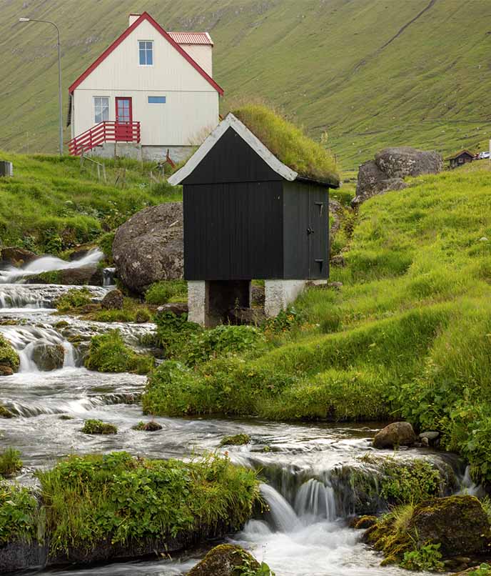 Dicas de viagem Ilhas Faroé: casas coloridas com telhados cobertos de grama
 