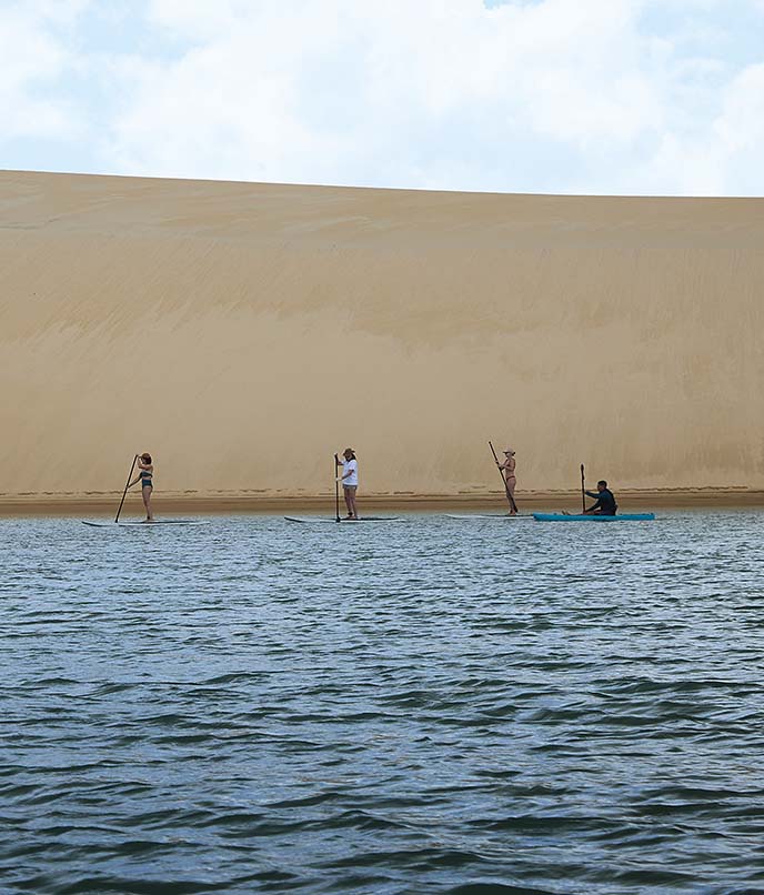 Pessoas remando de SUP no Rio dos Remédios, ladeado por manguezais e dunas ao amanhecer.
