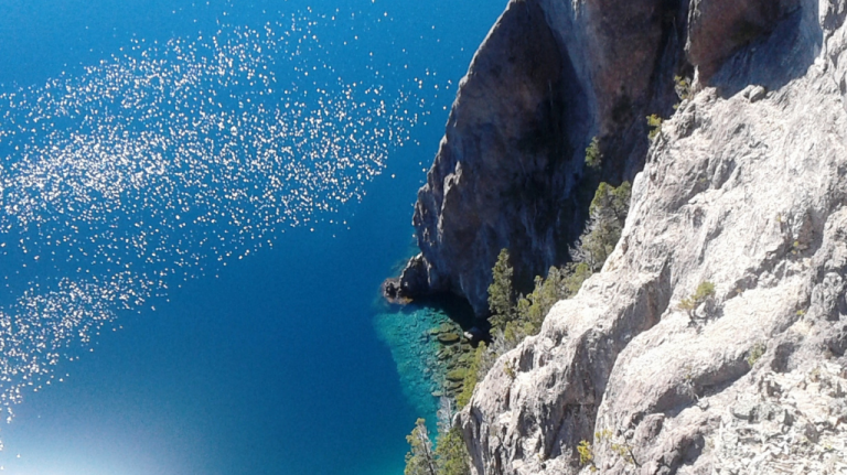 Vista do Mirador del Viento sobre o Lago Traful e falésias da Rota dos 7 Lagos
