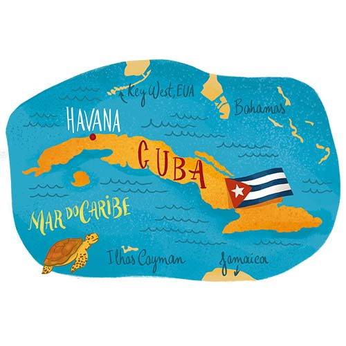 Mapa ilustrado de Cuba com Havana e ilhas do Caribe, visual útil para planejar roteiro de viagem e entender onde fica o país