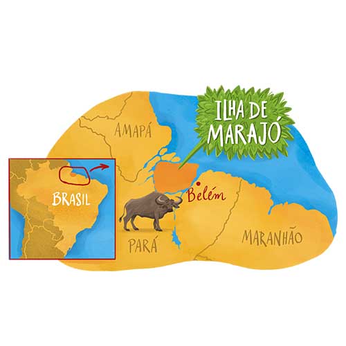 Mapa ilustrado da Ilha de Marajó, destacando Pará, Belém, Amapá e Maranhão, com ícone de búfalo representando a cultura marajoara