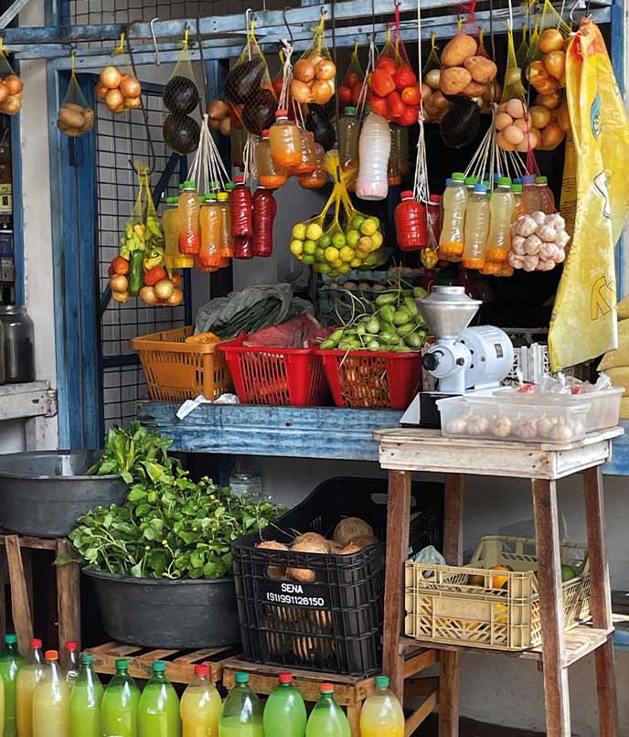 Banca no Mercado Municipal de Soure com frutas, sucos artesanais e produtos locais da cultura alimentar marajoara