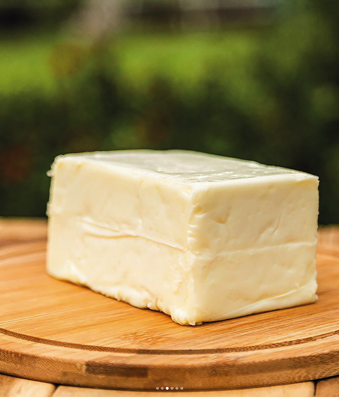 Peça de queijo de búfala da Ilha de Marajó sobre tábua de madeira, produto artesanal típico de Soure, Pará