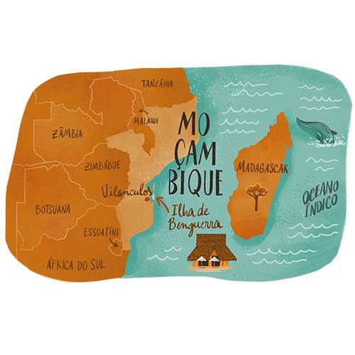 Mapa ilustrado da localização de Moçambique, destacando Vilanculos, a Ilha de Benguerra e a rota das baleias no Oceano Índico.