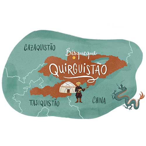 Mapa ilustrado do Quirguistão destacando Bisqueque e fronteiras com Cazaquistão, Uzbequistão, Tadjiquistão e China, com ícones nômades
