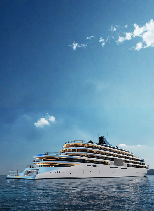 Imagem de divulgação do Amangati (Aman at Sea), iate oceânico de 180 m com casco branco e decks iluminados, navegando em mar calmo no Mediterrâneo; estreia prevista para 2027