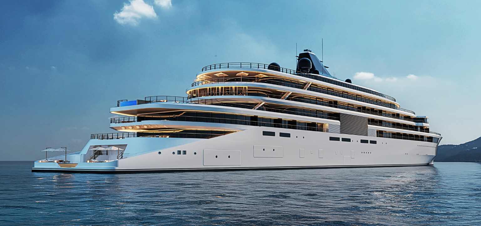 Ilustração do Amangati (Aman at Sea), iate oceânico de 180 m, com casco branco e nove decks iluminados, navegando em mar calmo no Mediterrâneo (estreia prevista em 2027)