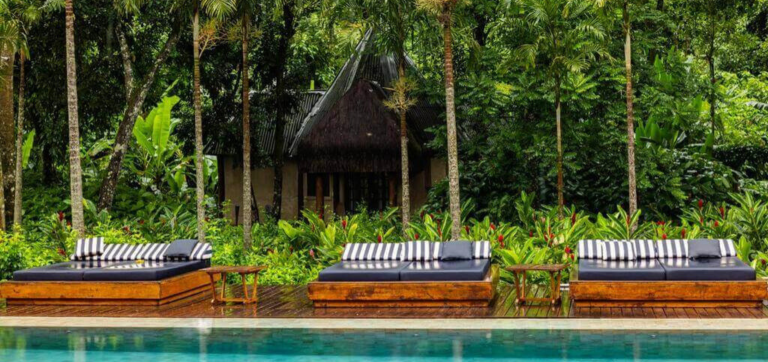 Piscina da Fazenda Shanti na Chapada dos Veadeiros, com camas de descanso de madeira e palmeiras cercadas por vegetação tropical