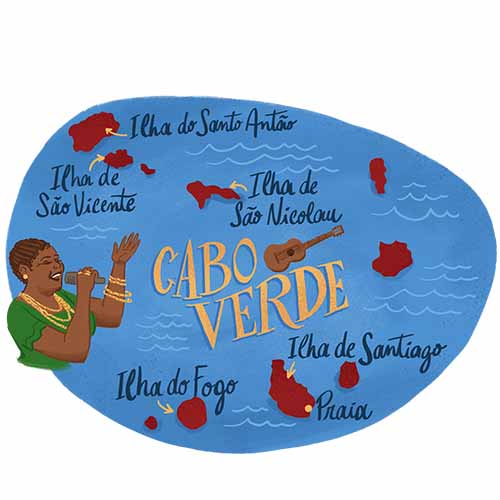 Mapa ilustrado de Cabo Verde, arquipélago na costa oeste da África, em roteiro musical por ilhas como São Vicente, Santiago, Fogo e Santo Antão
