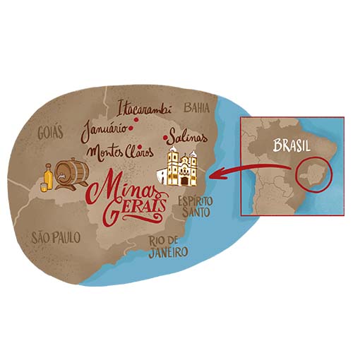 
Mapa da Rota dos Alambiques Mineiros em Minas Gerais, no Sudeste do Brasil, indicando pontos de interesse cultural ligados à cachaça de alambique.