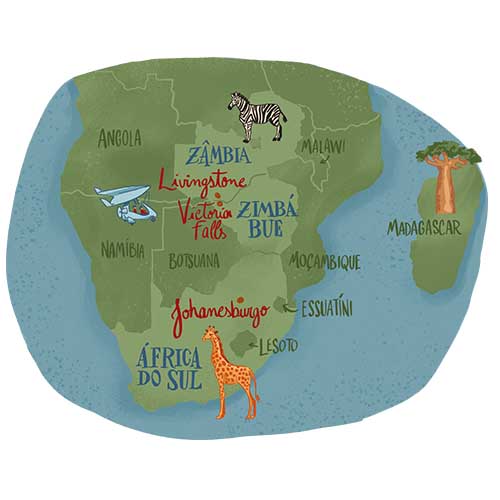 Mapa da região Kavango-Zambezi, na África Austral, área de conservação transfronteiriça entre Angola, Botsuana, Namíbia, Zâmbia e Zimbábue.